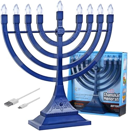 Zion Judaica Hanukkah LED Menorah Battery-Powered, Blue, 11.75” H x 3.5" D by ZionJudaicaLtd