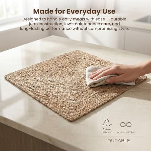 Craft Trade Braided Jute Placemats, Set of 6, 13x13 Inch Square Natural Fiber Dining Table Mats, Heat Resistant & Eco-Friendly Farmhouse Decor, Natural - Image 3