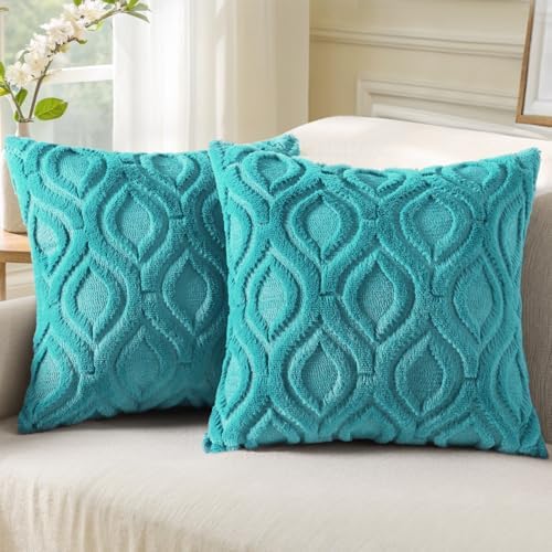 decorUhome Faux Fur Plush Soft Turquoise Throw Pillow Covers 26x26 Set of 2 by decorUhome