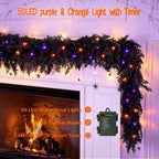 9ft Black Halloween Cedar Garland for Mantle, Soft Touch with Purple Lights - Image 2