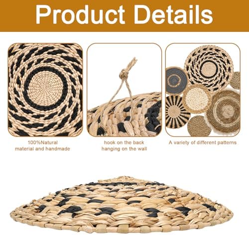7 PCS Boho Wall Basket Decor, Handwoven Seagrass wall Hanging Baskets – Round Bohemian Wall basket for Farmhouse, Home, Room, Rustic Decor, Table Centerpiece (Black) - Image 5
