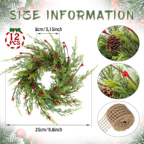 12 Pcs 9 Inch Christmas Wreaths for Kitchen Cabinet Artificial Cedar Pine Hanging Wreath with Red Berries Pine Needles for Front Door Xmas Swag Wreaths for Christmas Winter Farmhouse Home Decorations - Image 3
