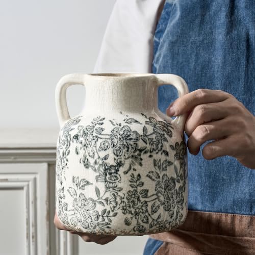 Ceramic Vase with Handles, Vintage Utensil Holder, Flower Decorative Vase Chinoiserie Decor Rustic Farmhouse Retro Floral Vases for Table Bookshelf Mantel Kitchen Living Room Office - 6.7” Gray 017 - Image 3
