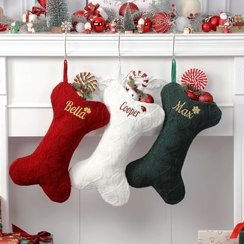 Personalized Dog Christmas Stockings with Embroidered Name & Monogram,3 Pack 15.7” Large Bone Shape Pet Xmas Stockings for Dog,Puppy,Custom Knit Christmas Stocking for Fireplace Holiday Decor - Image 5