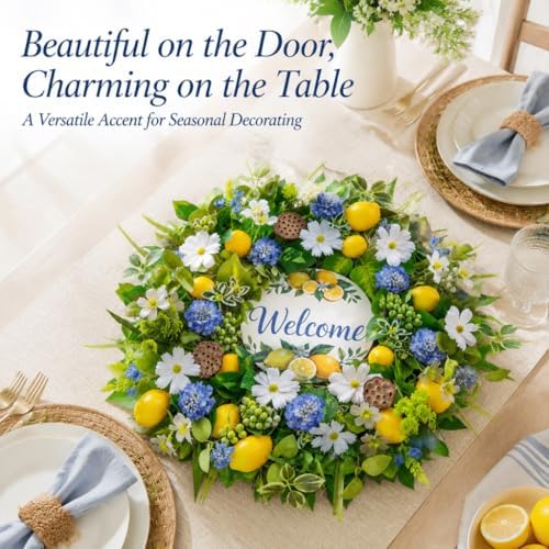 Spring Summer Wreaths for Front Door 24 Inch,Summer Wreath with Artificial Lemon,Daisy,Hydrangea & Lotus Pods,Door Wreath for Indoor Outdoor Farmhouse Home Decor - Image 6
