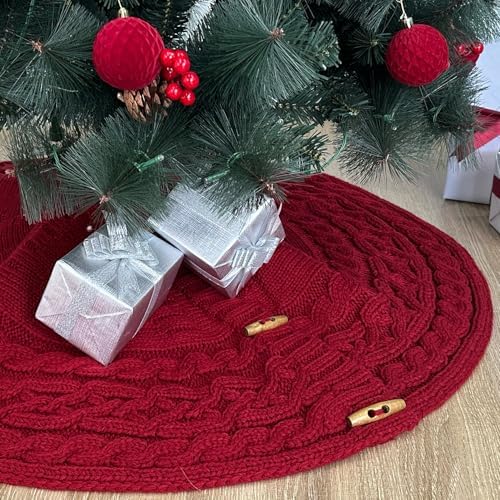 36-Inch Cable Sweater Knit Christmas Tree Skirt with Wooden Toggles, Burgundy by StarryDynamo