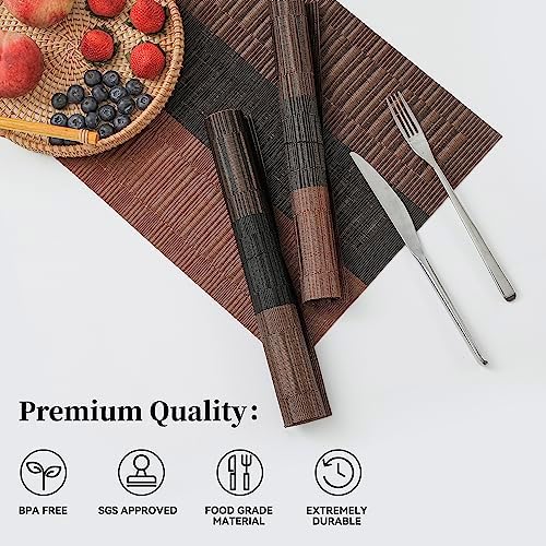 Leetaltree Brown with Black Striped Placemats Set of 12 - Heat Resistant Non-Slip Place mats for Dining Table, Washable Durable PVC Vinyl Woven Table Mats（Brown Stripe, 12） - Image 2