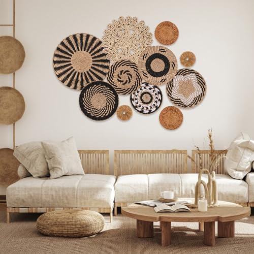 Boho Wall Basket Decor Set of 11 - Hanging Woven Bulrush Basket Wall Decor, Handcrafted Round Flat Baskets Wall Art, for Rustic Farmhouse、Home - Unique Rattan Wicker Wall Decor（Black Retro） - Image 4