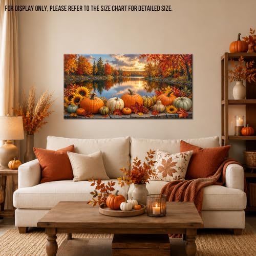 WAXWHELK Fall Canvas Wall Art Pumpkin Autumn Lake Landscape Painting Pictures, Rustic Farmhouse Thanksgiving Artwork for Bedroom Living Room Home Decor, (20"x40") - Image 2