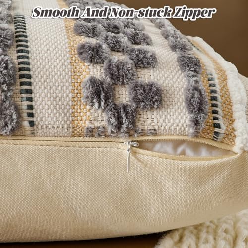 AmHoo Set of 2 Chenille Striped Textured Boho Throw Pillow Covers Aesthetic with Tassels Woven Decorative Pillow Case for Couch Bed Sofa Bedroom Modern Funky 18 x 18-Inch Grey White - Image 3