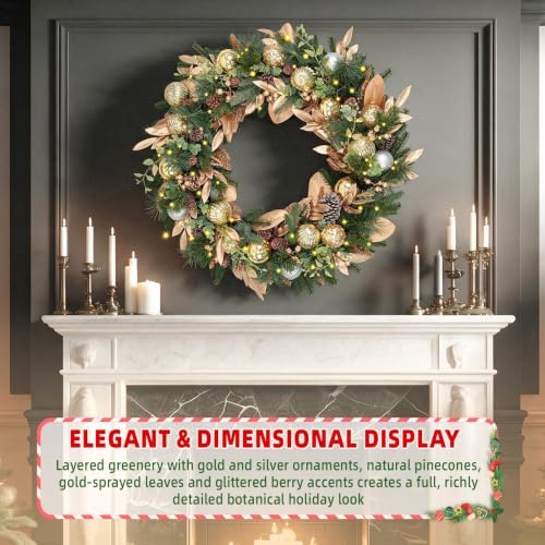 24 Inch Lighted Christmas Wreath with 30 Warm White LEDs and Timer, Battery Operated Pre-Lit Artificial Wreath with Pinecones, Ornaments and Gold Leaves for Front Door - Image 3