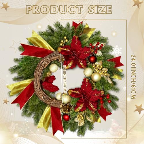 24" Christmas Wreaths for Front Door with Lights & Poinsettia Flowers - Image 2