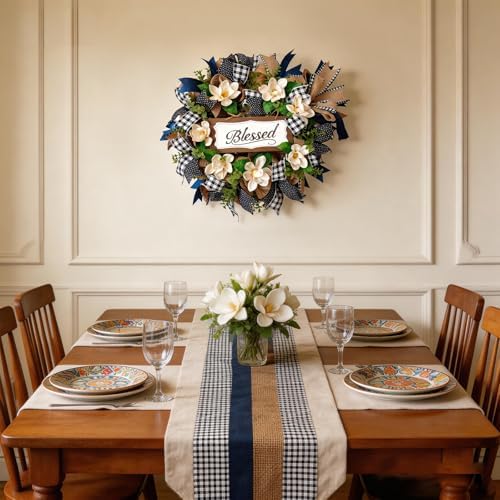 22 Inch Spring Wreath Blessed Magnolia Wreath with Buffalo Check and Burlap Ribbon - Farmhouse Front Door Wreaths Decor for All Seasons - Rustic Home Wall Porch Decor - Image 5