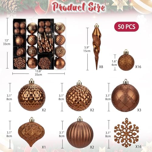 50PCS Christmas Tree Ornaments Set with Shatterproof Christmas Balls Icicle Snowflake Hanging Ornaments for Home Office Farmhouse Christmas Decorations, Bronze - Image 2