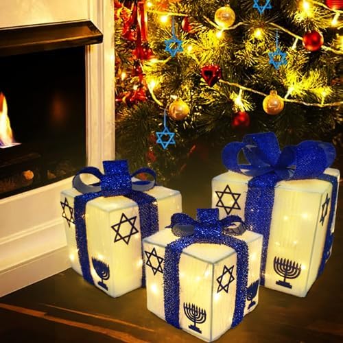 Krissing 3pcs Lighted Hanukkah Gift Boxes for Hanukkah Decorations, Christmas White and Blue Gift Boxes Decor for Chanukah Party Table Centerpieces Yard Jewish Christmas Tree Ornaments - Image 2