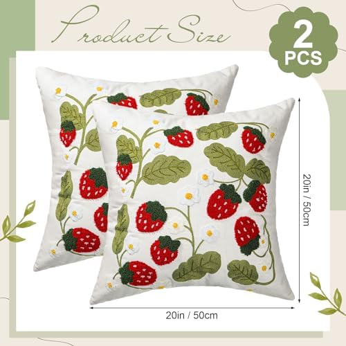 Tranqun Set of 2 Strawberry Throw Pillow Covers 20 x 20 Inches 3D Embroidered Cute Summer Fruit Sweet Decorative Pillow Cover Living Room Couch Sofa Bed Holiday Spring Summer Home Decor - Image 2