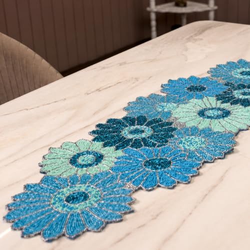 CLEENTABLE Floral Beaded Table Runner, Blue, 13x36 - Image 7