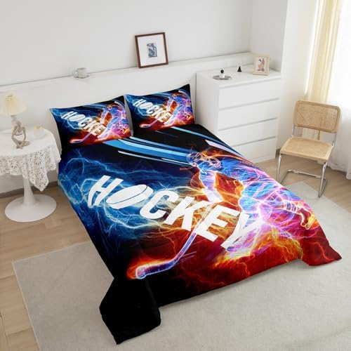 Ice Hockey Comforter Set Twin, Puck Hockey Player Bedding Sets for Kids Boys Girls Teens, Red Blue Lightening Duvet Insert, Winter Sports Game Down Comforter Bedroom Decor for All Season, 2 Pieces - Image 4
