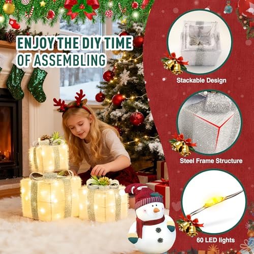 Set of 3 Valentines Day Lighted Gift Boxes,Outdoor Indoor Holiday Decorations,Plug-in 65 LED Light Up Present Boxes for Indoor Outdoor Home Yard Lawn Holiday Wedding Birthday Party Decor - Image 4