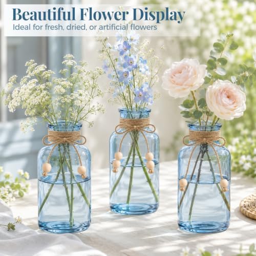 Vintage Glass Flower Vase, 6PCS Farmhouse Blue Mason Jar Vases - Image 6