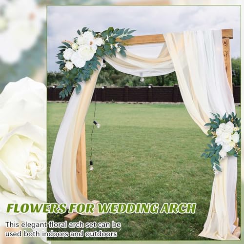 Thiccywoov 4 Pcs Wedding Arch Flowers and Drape Kit Include 2 Artificial Floral Swag and 2 White Chiffon Drapes, Faux Flower Set for DIY Wedding Party Reception Ceremony Backdrop Rose Decoration - Image 7