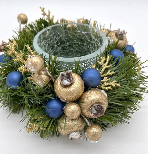 Navy Blue and Gold Christmas, Holiday Hanukkah Candle Holders and Dining table Decorations with Pine needles, on a glass base - Set of 2 - Image 4