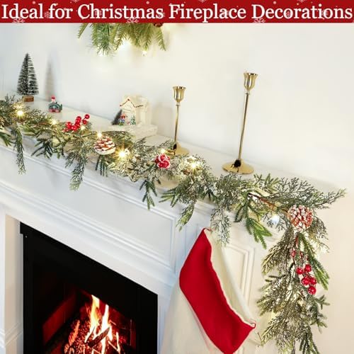 6FT Flocked Cedar Garland with Lights Timer, Prelit Christmas Garland Pinecones & Red Berries Warm White Lights, Lighted Cypress Garlands Battery Operated Christmas Decor Mantel Table Indoor Outdoor - Image 2