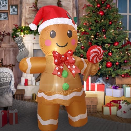 Christmas Inflatables Gingerbread Man Girl Lighted Yard Lawn Inflatable Decoration with Built-in Fan and Stakes Ropes Holiday Party Decor, Christmas Decor (5FT-Gingerbread Girl Holds Candy) - Image 5