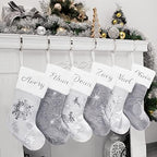 GEX Personalized Christmas Stockings 3 Pack Custom Name for Family with Names Silver White Satin Large 20" with Sequins Rhinestones Faux Fur Embroidery Classic Fireplace Decoration (Set of 3) - Image 2