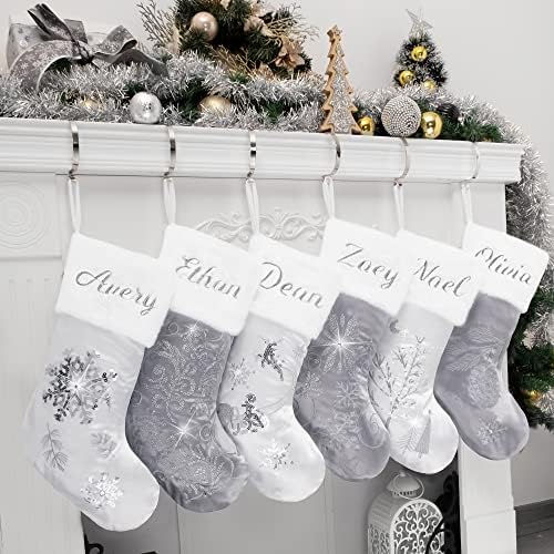 GEX Personalized Christmas Stockings 3 Pack Custom Name for Family with Names Silver White Satin Large 20" with Sequins Rhinestones Faux Fur Embroidery Classic Fireplace Decoration (Set of 3) - Image 2