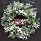 Winter Wreaths Front Door, Soomeir 24 Inch Winter Door Wreath with Snow Leaves, Pines Needles and Hello Wooden Sign for Home Window Mantle Indoor Outdoor Decor by SoomeirWreath