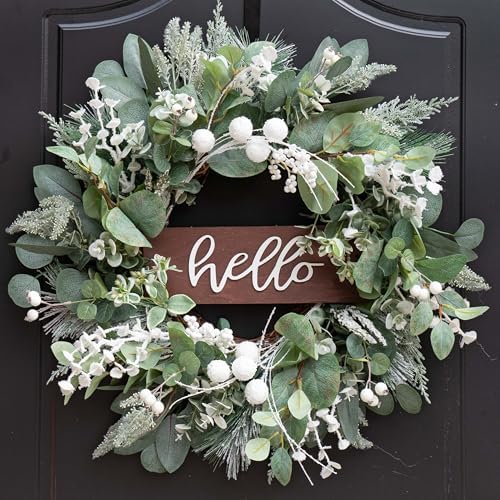 Winter Wreaths Front Door, Soomeir 24 Inch Winter Door Wreath with Snow Leaves, Pines Needles and Hello Wooden Sign for Home Window Mantle Indoor Outdoor Decor by SoomeirWreath