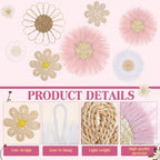 Chunful 7 Pcs Boho Wall Basket Decor Rattan Flower, Pink - Image 3