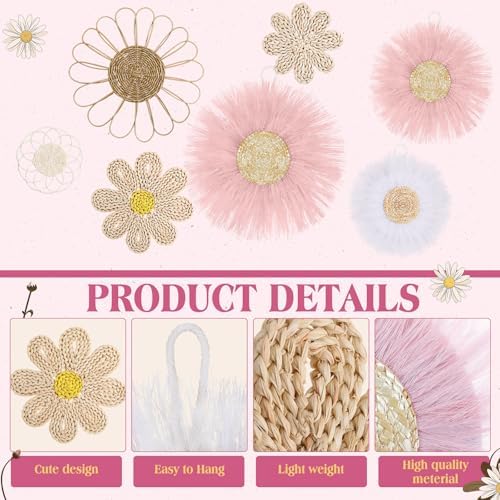 Chunful 7 Pcs Boho Wall Basket Decor Rattan Flower, Pink - Image 3