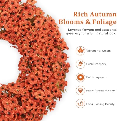 24" Orange Fall Wreath for Front Door, Artificial Mums Autumn Wreath - Image 4