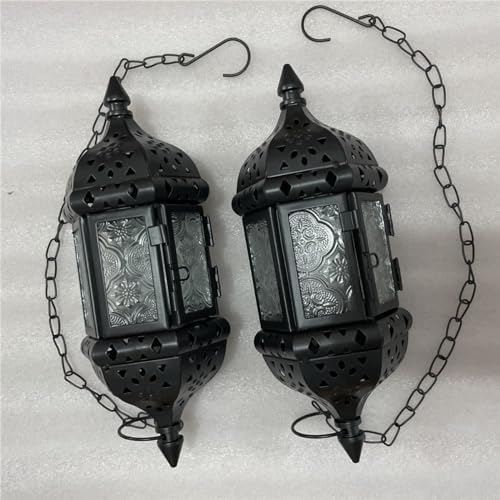 2PCS Moroccan Decorative Candle Lantern Metal Hanging Tealight Candlestick Holder Glass Indoor Outdoor LED Flameless Candle Holder 13.8 inches Chain (Black) - Image 3
