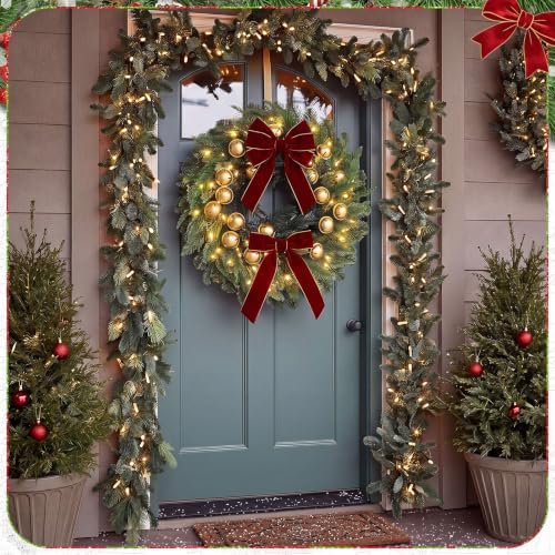 Norme Christmas Wreath for Front Door 16 Inch with Burgundy Bows Bells - Image 3