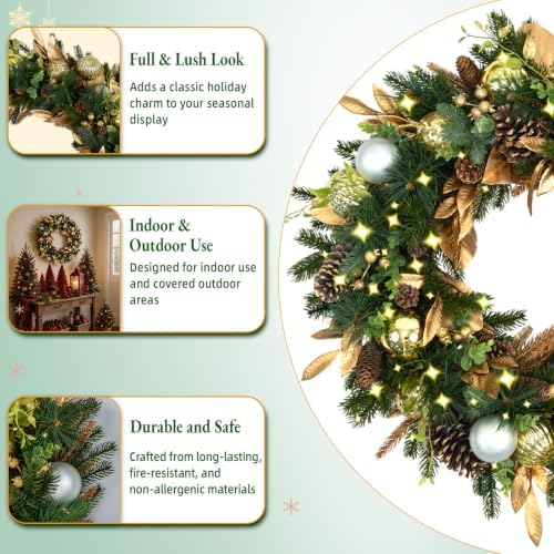 Hykolity 28 Inch Pre-Lit Botanical Christmas Wreath with 50 Warm White LEDs and Timer, Battery Operated Artificial PE & PVC Wreath with Ornaments, Pinecones and Layered Gold Leaves for Front Door - Image 2