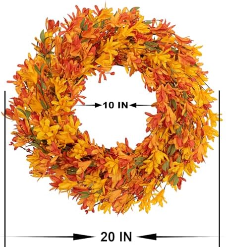 LLZLL Fall Wreaths 20 Inch Fall Wreath for Front Door Orange Artificial Thanksgiving Wreath with Forsythia Flower for Autumn Thanksgiving Home Decorations - Image 2