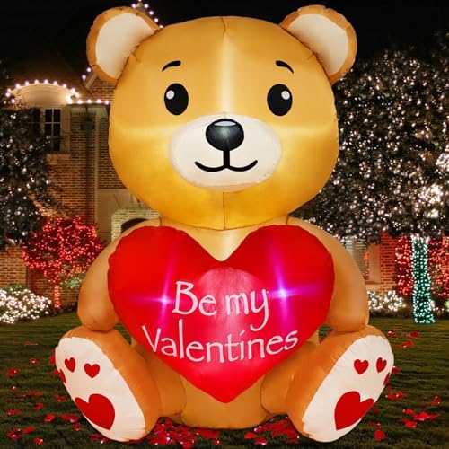 4FT Valentines' Day Inflatable Bear Holds Love Heart, Valentines Day Decor Built-in RGB LED Lights, Valentines Gift Blow Up Yard Decoration for Party Anniversary Wedding Propose Garden Lawn by BRDJade