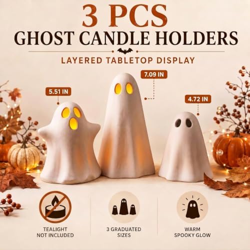 LemonRoad 3 Pcs Halloween Terracotta Ghost Decor Indoor Tealight Holder - Image 2