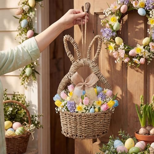 Reallnaive 16 x 9.4 x 3.9 Inch Easter Bunny Basket Hand Woven Wicker Rabbit Wreath Basket Hanging Wall Pocket Spring Wreath Decor with White Floral for Front Door Hanging Decoration - Image 5