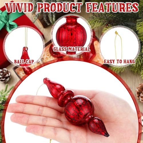 Mifoci 8 Pcs 6 Inch Mercury Glass Finial Christmas Ornaments,Red, Silver - Image 4