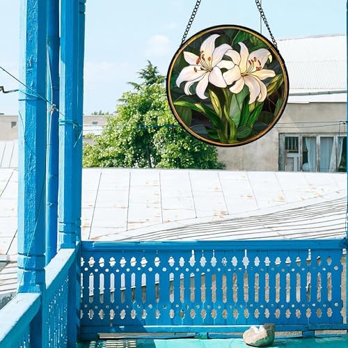 White Lily Flower Leaves Stained Glass Window Hanging Suncatcher Gifts 15" - Image 4