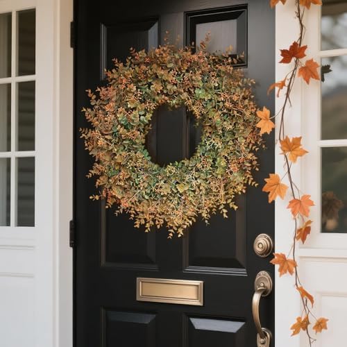 26"Artificial Eucalyptus Wreath with Seed for Front Door Decor(Fall Orange) - Image 3