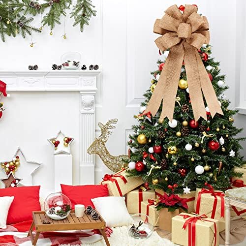 Civaner 2 Pcs Burlap Christmas Tree Topper with 39.4 Inch Ruffle Christmas Tree Skirt and 34 Inch Large Vintage Ribbon Bow Rustic Xmas Tree Ornaments for Wreath Party Holiday Farmhouse Home Decor - Image 7