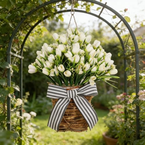 White Tulip Door Hanger Basket Wreath for Front Door,Artificial Tulip Flower Wreaths Hanging Decor with Woven Basket,Spring Summer Baskets Wreath for Wall Window Holiday by Unknown