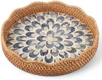 12 Inch Round Rattan Tray Mother of Pearl Inlay, Feather Style by Unknown