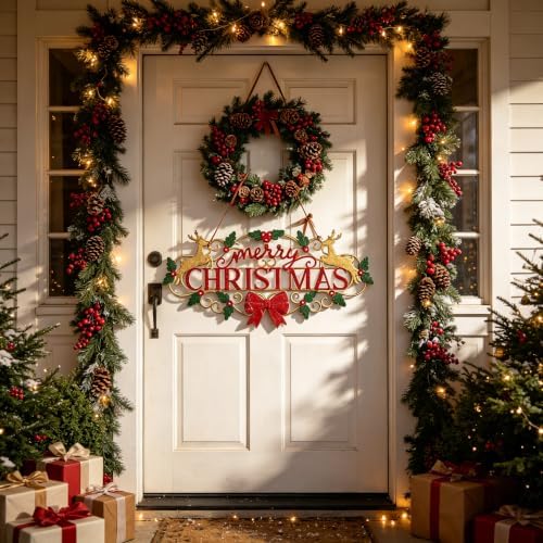 27.5"L Vintage Christmas Wall Decor Metal Xmas Hanging Sign, Merry Christmas Front Door Plaque with Reindeer, Holly and Bow, Rustic Farmhouse Distressed Christmas Welcome Sign for Xmas Home Garden Porch Patio Yard Outdoor Decoration - Image 6