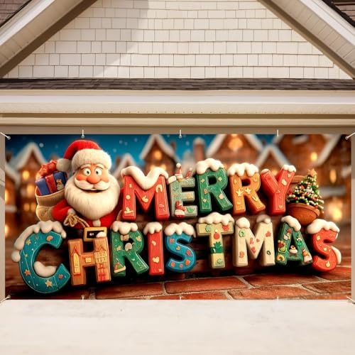 Santa Claus Garage Door Banner 16x7 Ft - Bold MERRY CHRISTMAS Text for 2 Car Garage Outdoor Indoor Decor by THISFIND